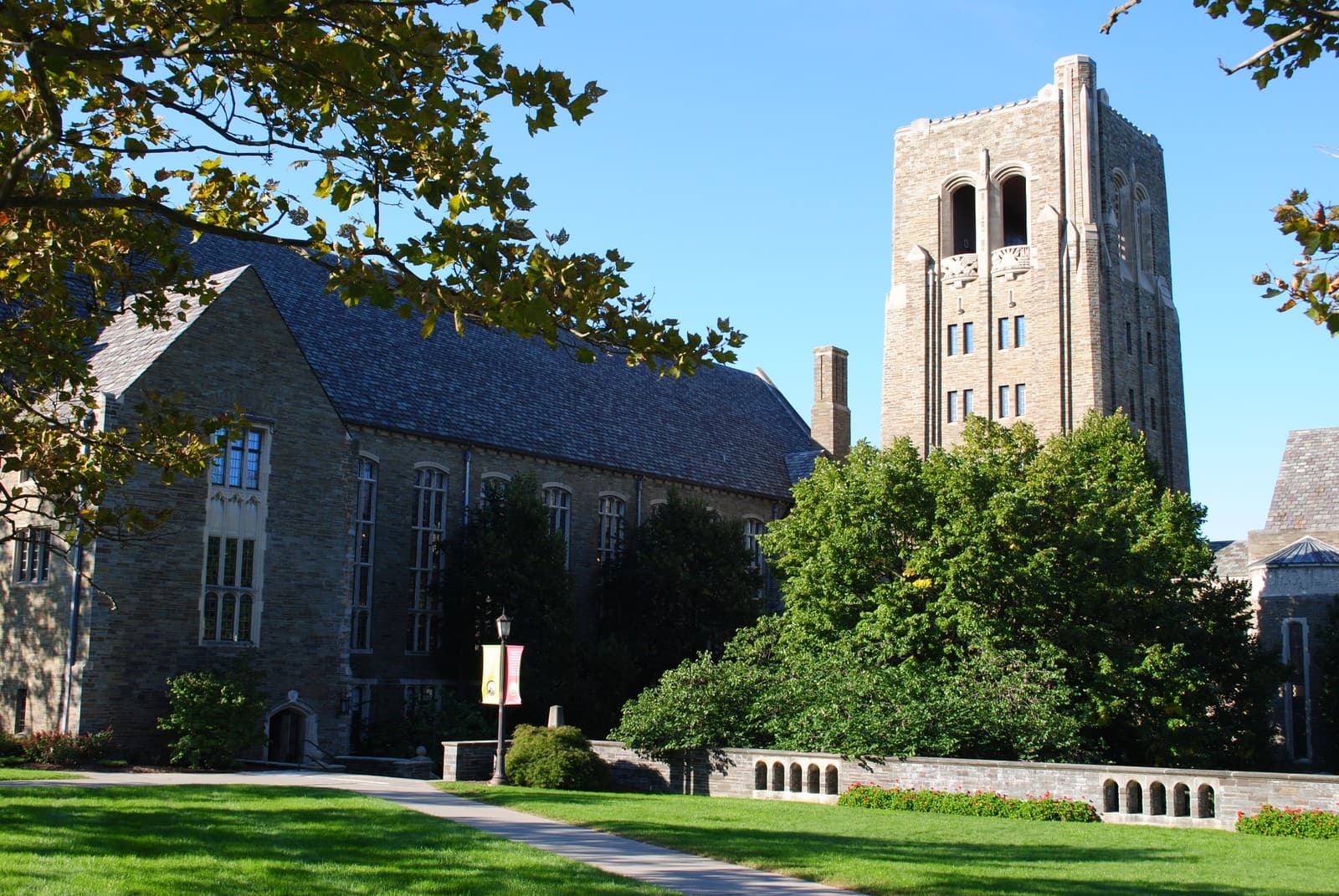 A Gothic-style stone academic building and bell tower on Cornell’s campus, framed by trees and a landscaped lawn.