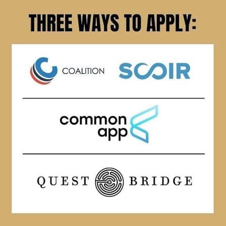 A graphic listing “Three Ways to Apply” with the Coalition/Scoir, Common App, and QuestBridge logos.