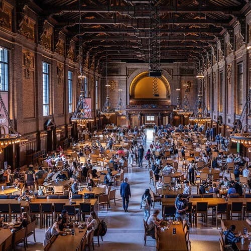 Students dining inside Yale’s Commons, a grand wood-beamed hall with chandeliers and long communal tables.