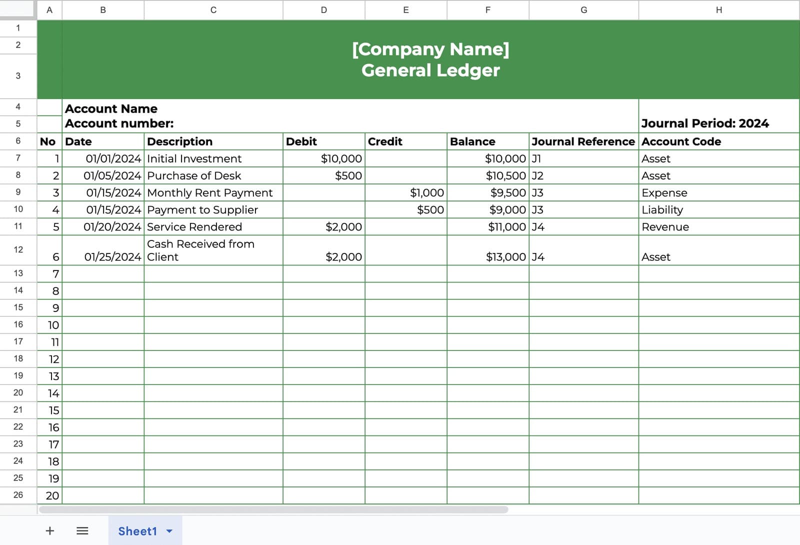 A green-themed spreadsheet template titled "General Ledger" with columns for date, description, debit, credit, and balance.
