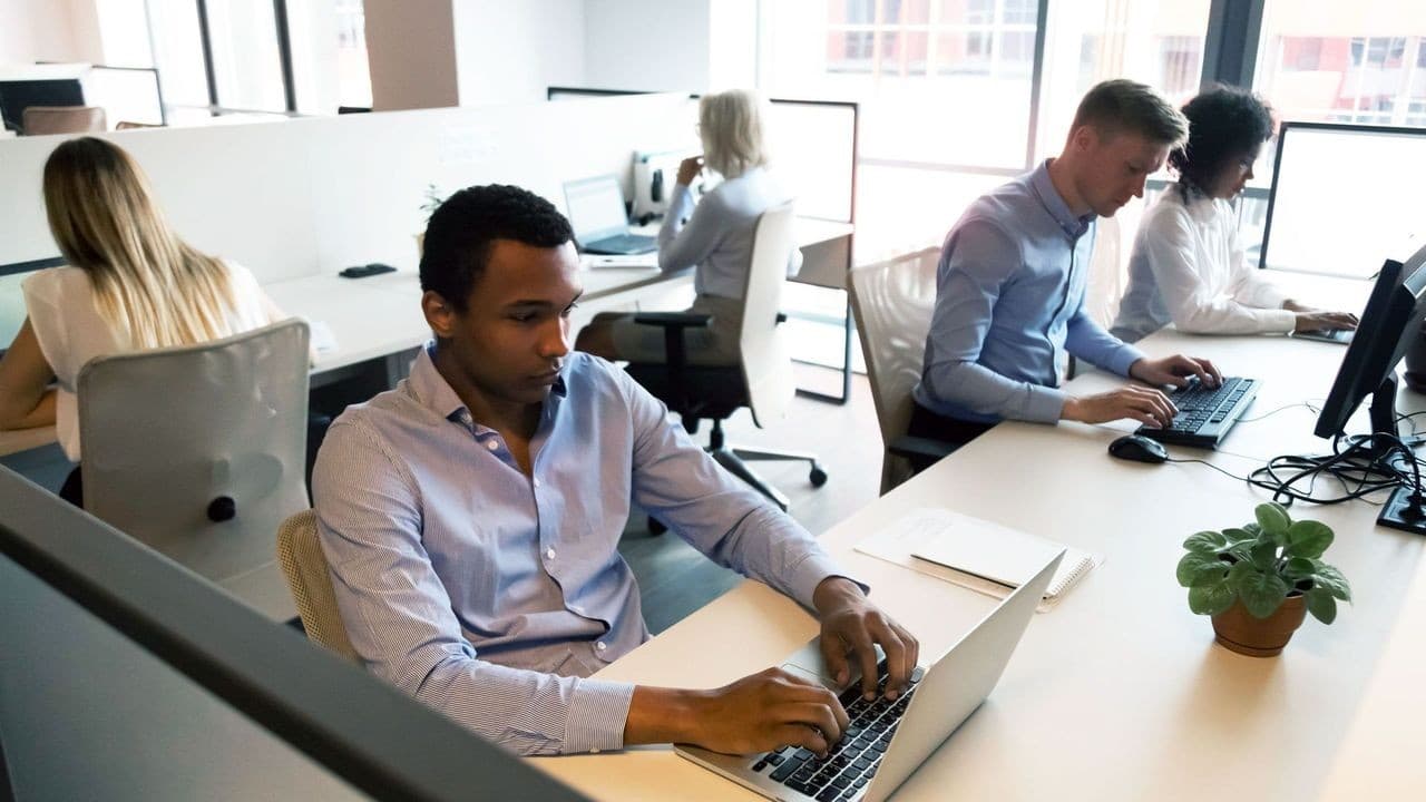 Several young professionals working at laptops and desktop computers in a bright, open-plan office.