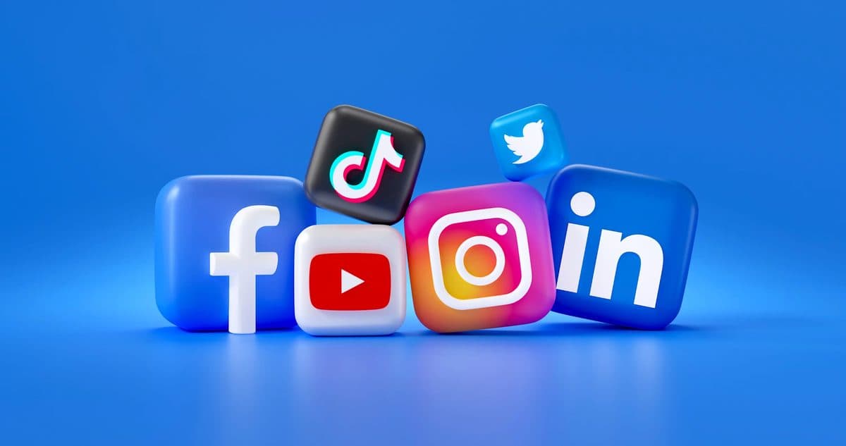 Glossy 3D app icons for Facebook, YouTube, TikTok, Instagram, X, and LinkedIn clustered together against a blue background.