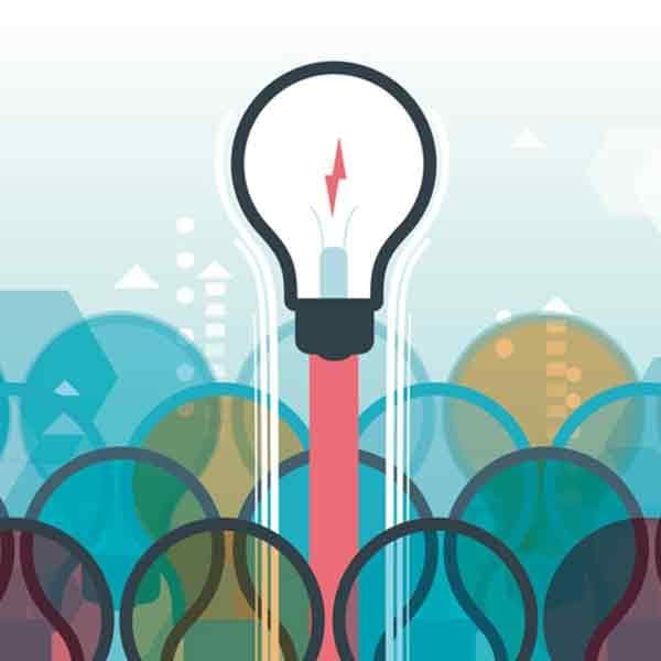 Illustration of a light bulb rising above a cluster of colorful overlapping circles, symbolizing a bright idea emerging from many options.