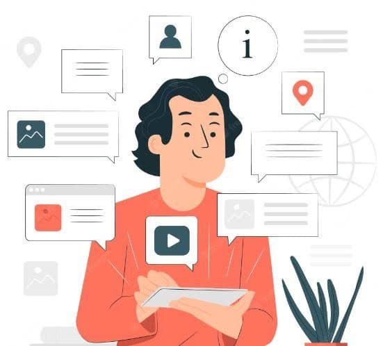 Illustration of a student surrounded by scattered speech bubbles and media icons, representing information overload from last-minute test prep.