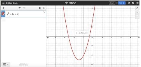 Screenshot of the Desmos graphing calculator plotting a parabola from a quadratic equation.