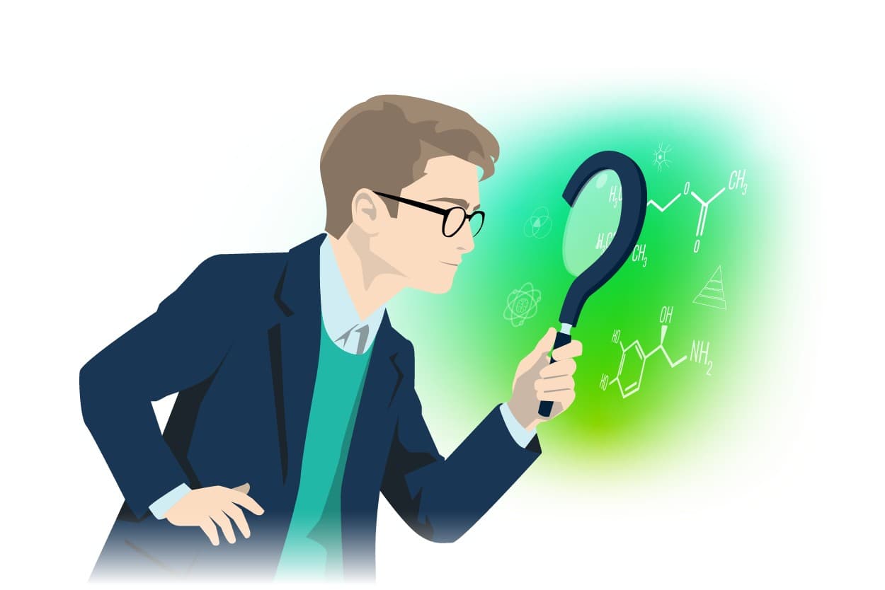 An illustrated man in a blazer peering through a magnifying-glass-shaped question mark at floating science and chemistry symbols.