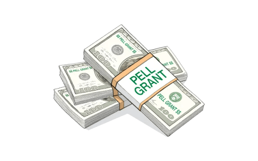 Illustration of three bundled stacks of hundred-dollar bills labeled "Pell Grant," representing federal grant money that does not need to be repaid.